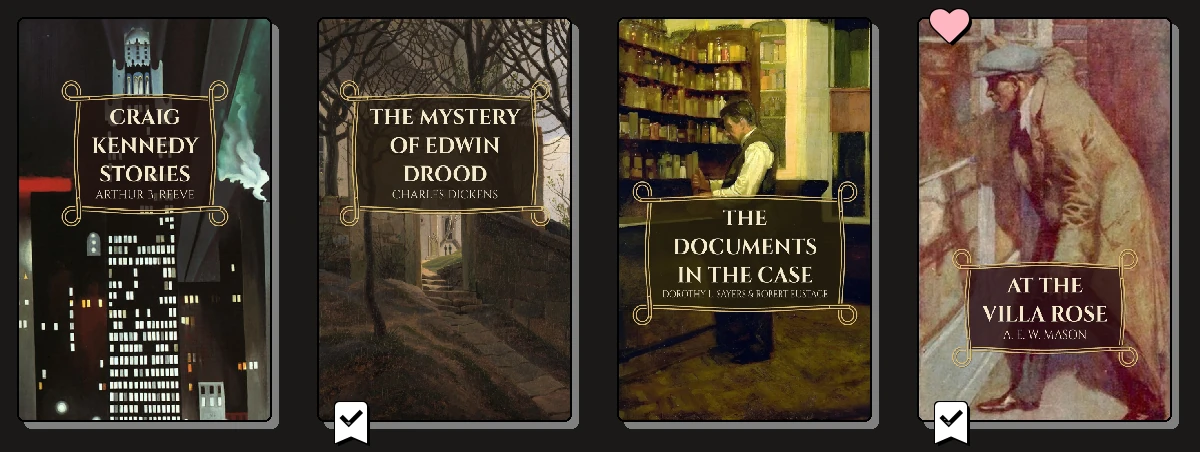 A row of covers with a favourite heart, series numbers and finished marks