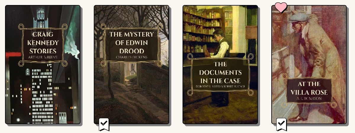 A row of covers with a favourite heart, series numbers and finished marks