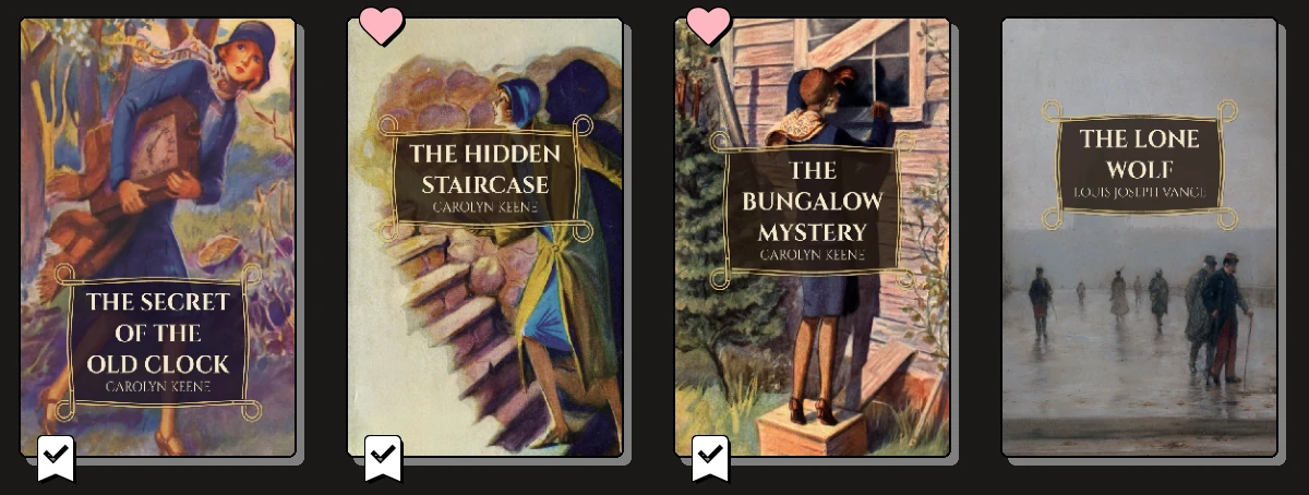 A row of book covers with series numbers and favourite hearts