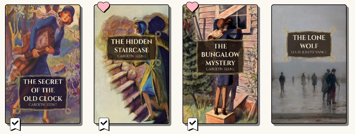 A row of book covers with series numbers and favourite hearts