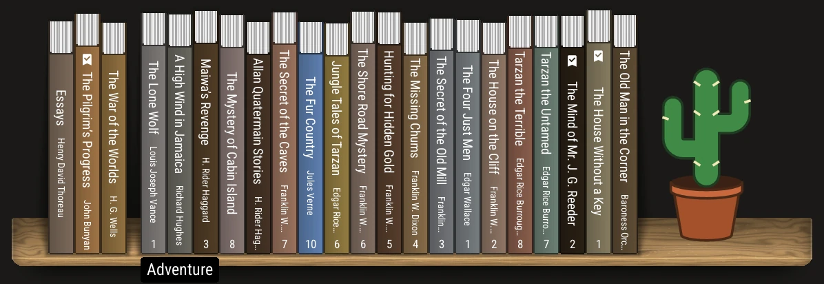A row of book spines on an oak plank, with a potted cactus at the end