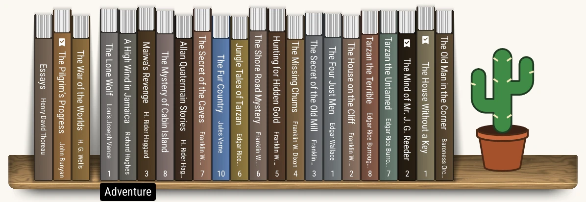 A row of book spines on an oak plank, with a potted cactus at the end