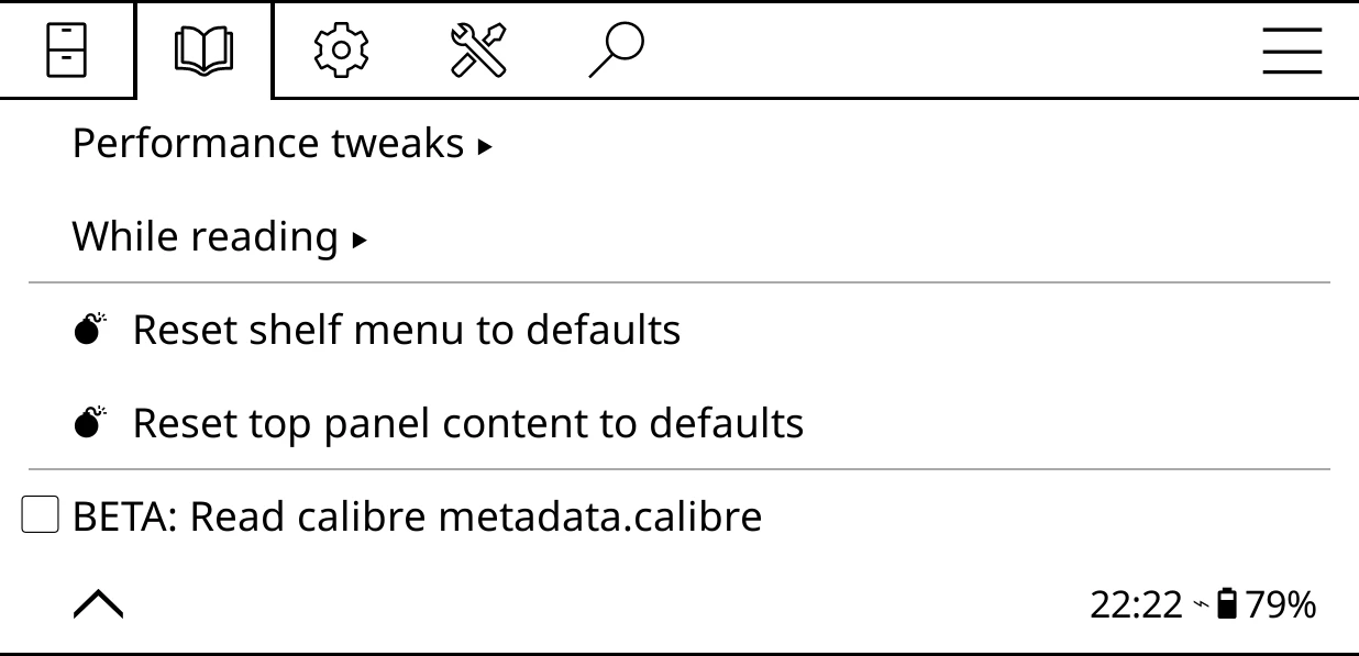 Bookshelf > Settings > Advanced