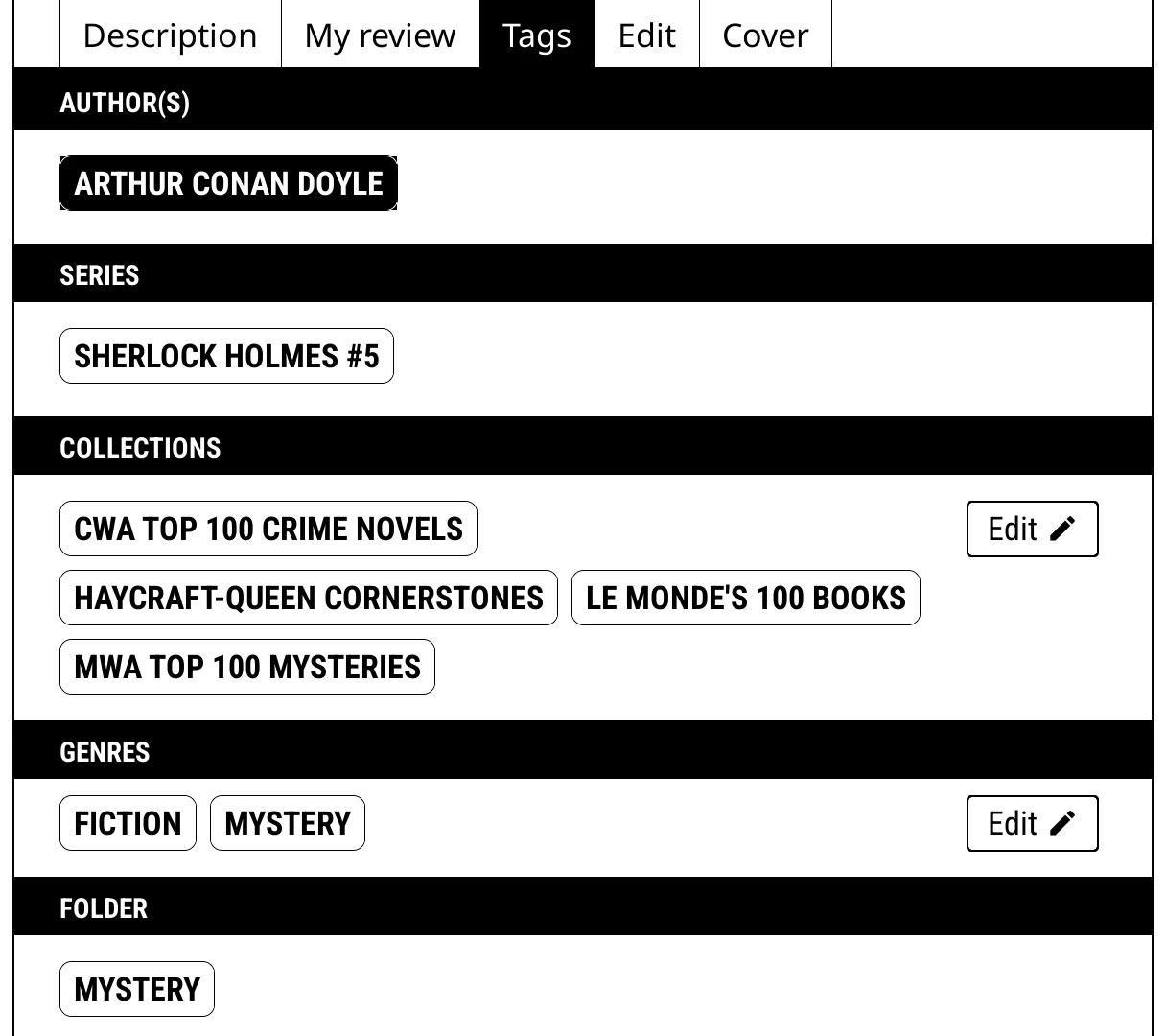 The book menu's Tags tab