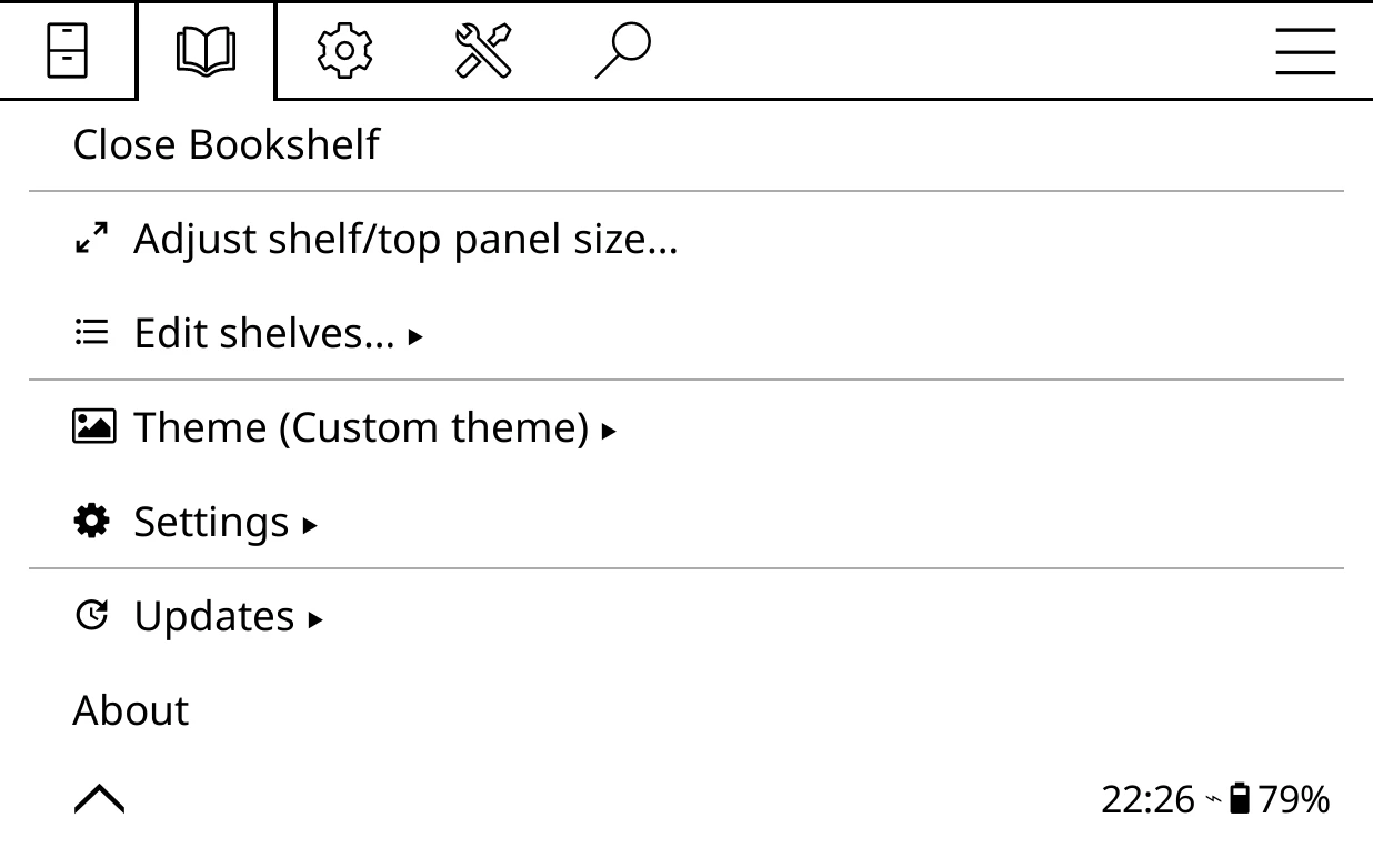 The Bookshelf tab, with the shelf open