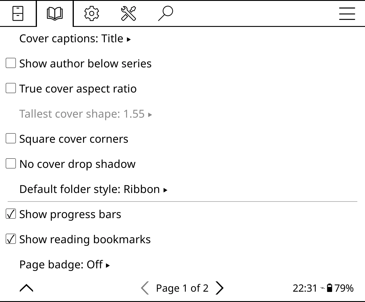 Settings > Cover display, page 1.