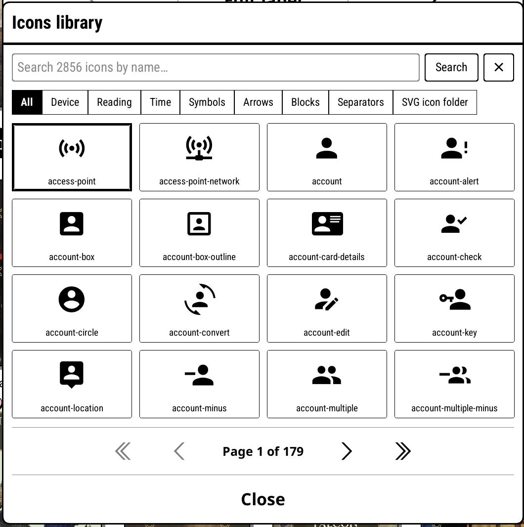 Insert icon… opens the Icons library