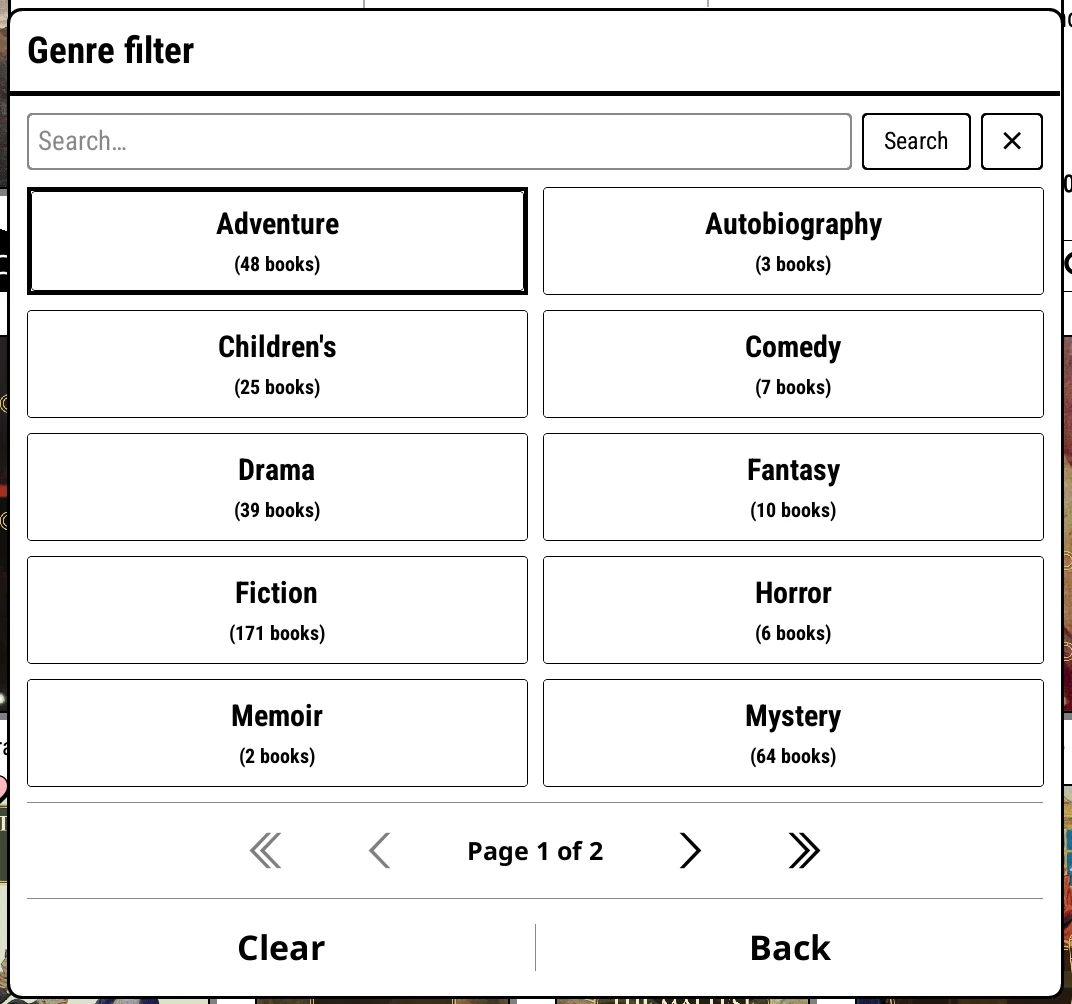 Genre filter, with book counts