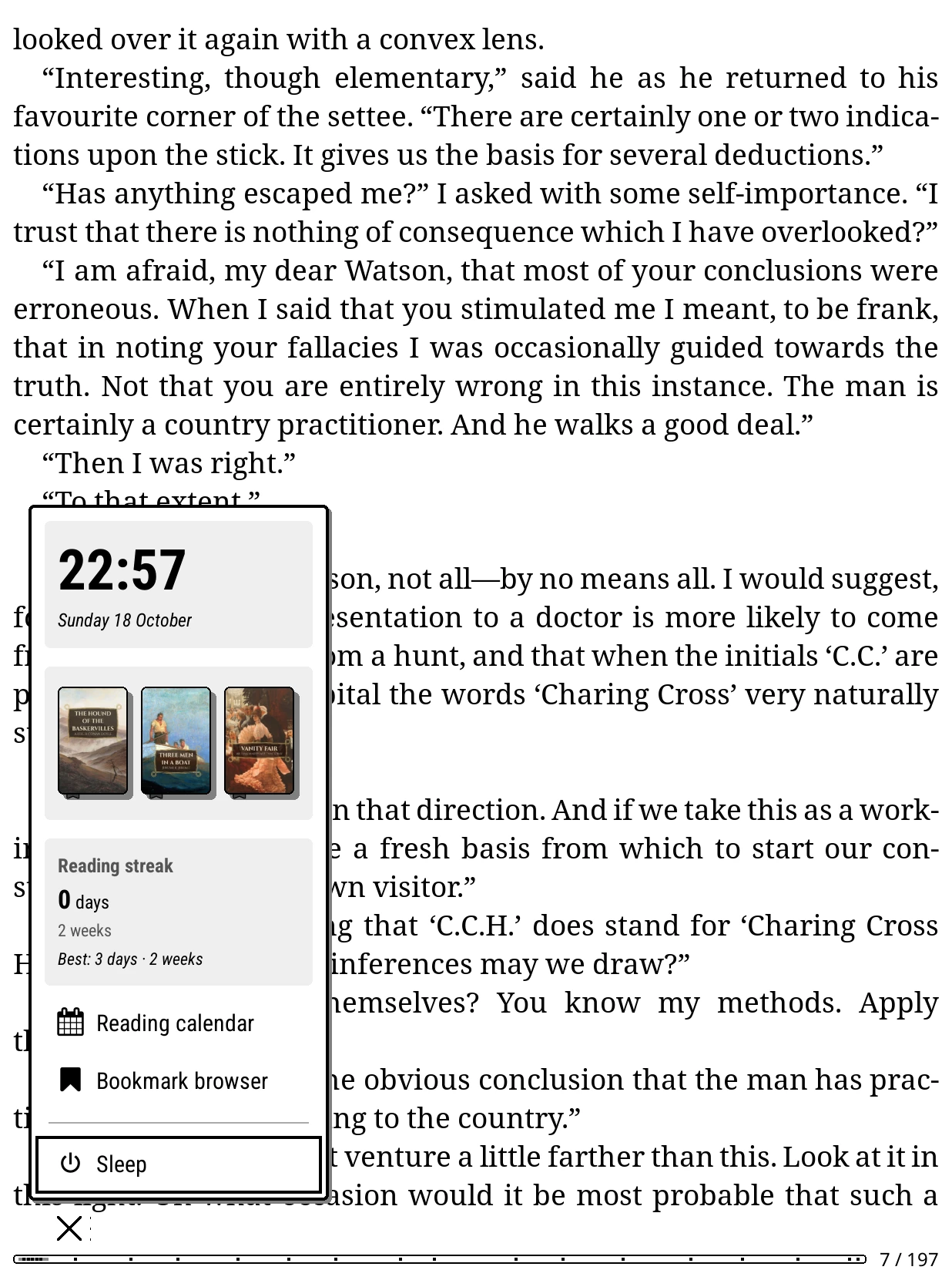 While reading: the same start menu over your book, from the reader's menu button.