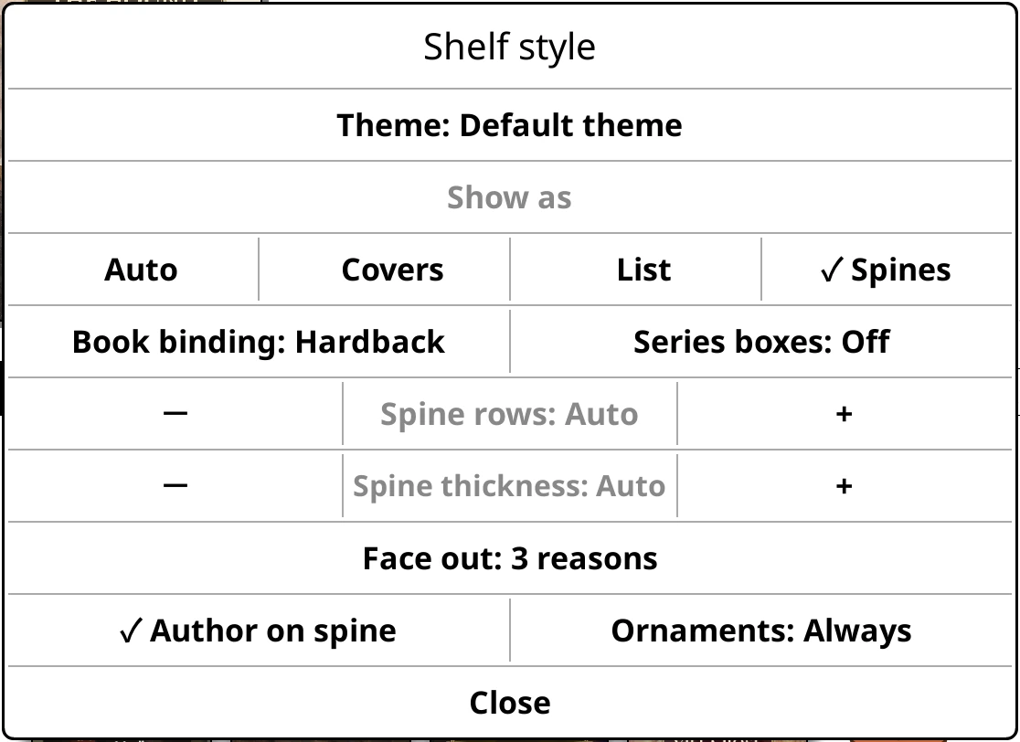 Shelf style: Spines