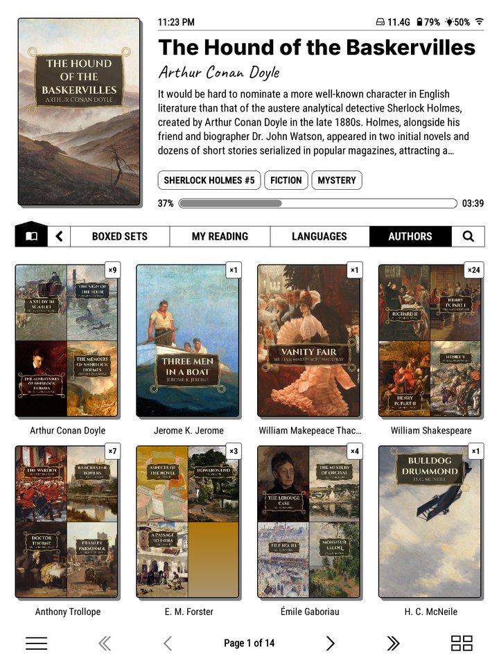 An Authors shelf: one tile per author, made from their covers, with a count of their books