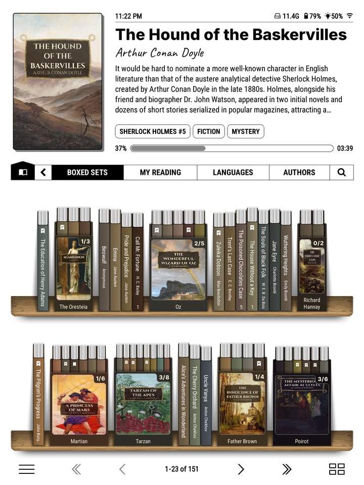 A spine shelf where each series stands as an open slipcase, with a read count such as 1/3 on the front