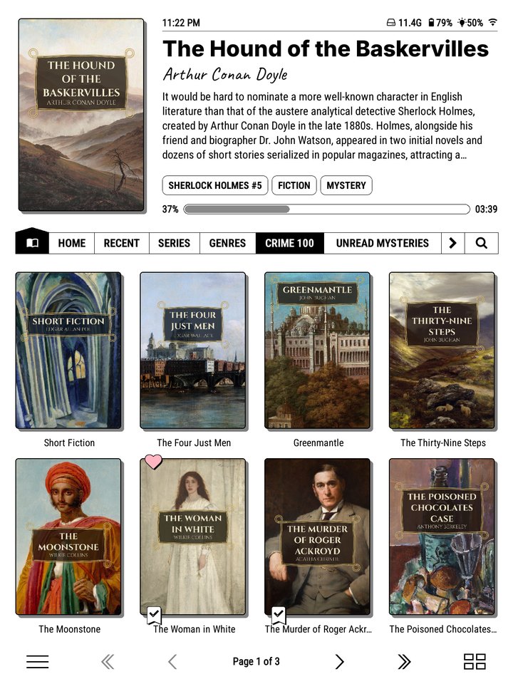 A Crime 100 shelf: classic crime novels as a grid of covers, in the collection's order