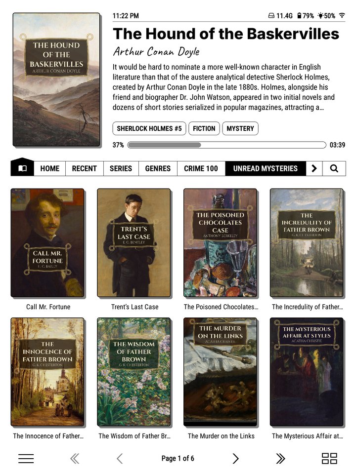 An Unread mysteries shelf: a grid of mystery covers with series numbers