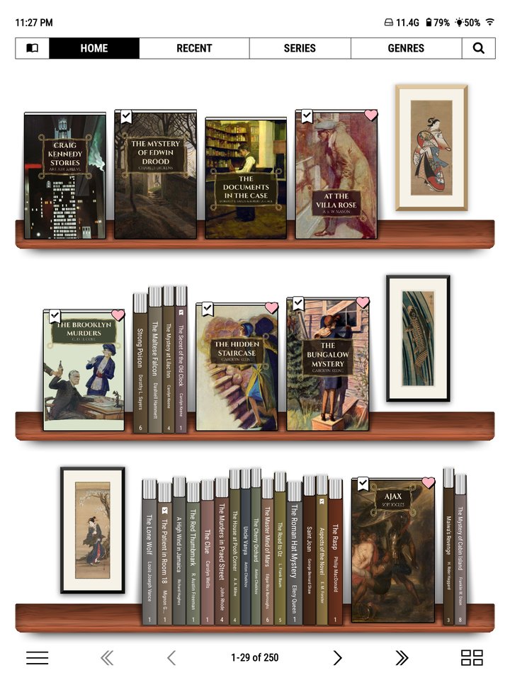 The same shelf of covers, spines and framed prints on a red-brown plank