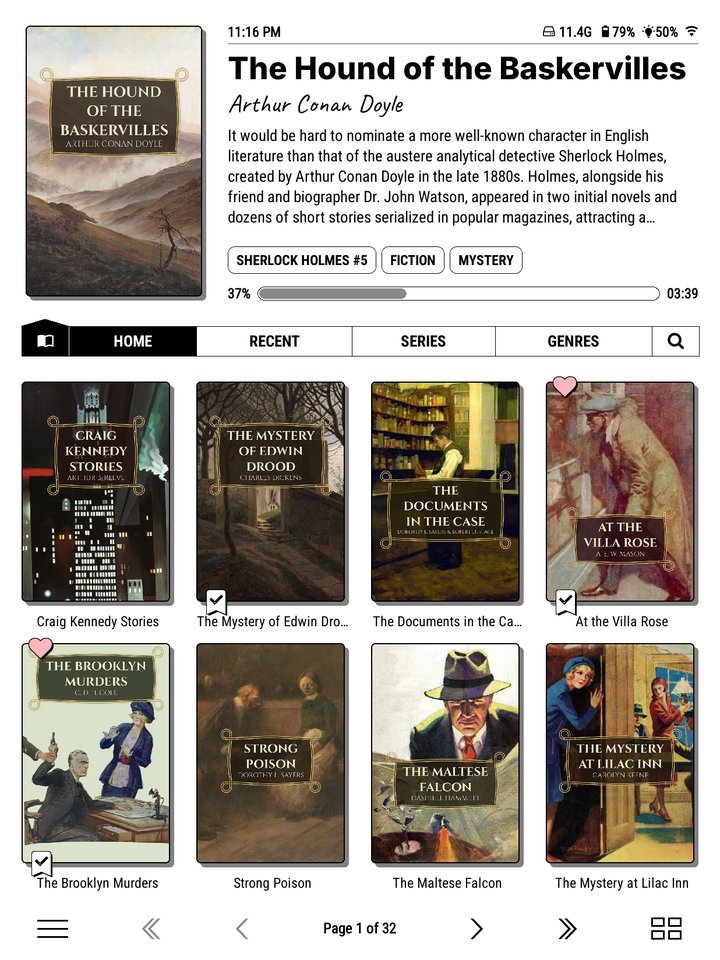 Covers: a grid of cover art, with a caption under each.